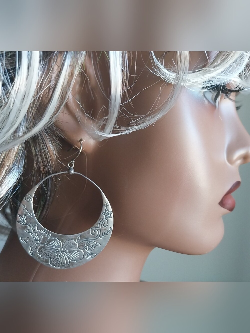 Sterling Silver Floral Crescent Hoop Earrings - Women Jewelry - Picture 8 of 8